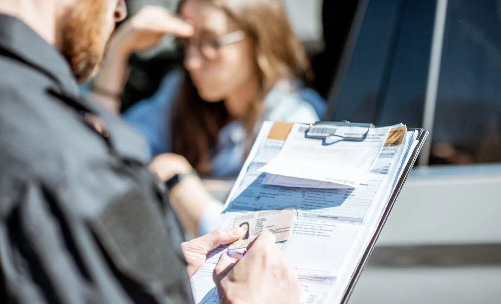 Policeman issuing a fine for violating the traffic rules to a young woman driver