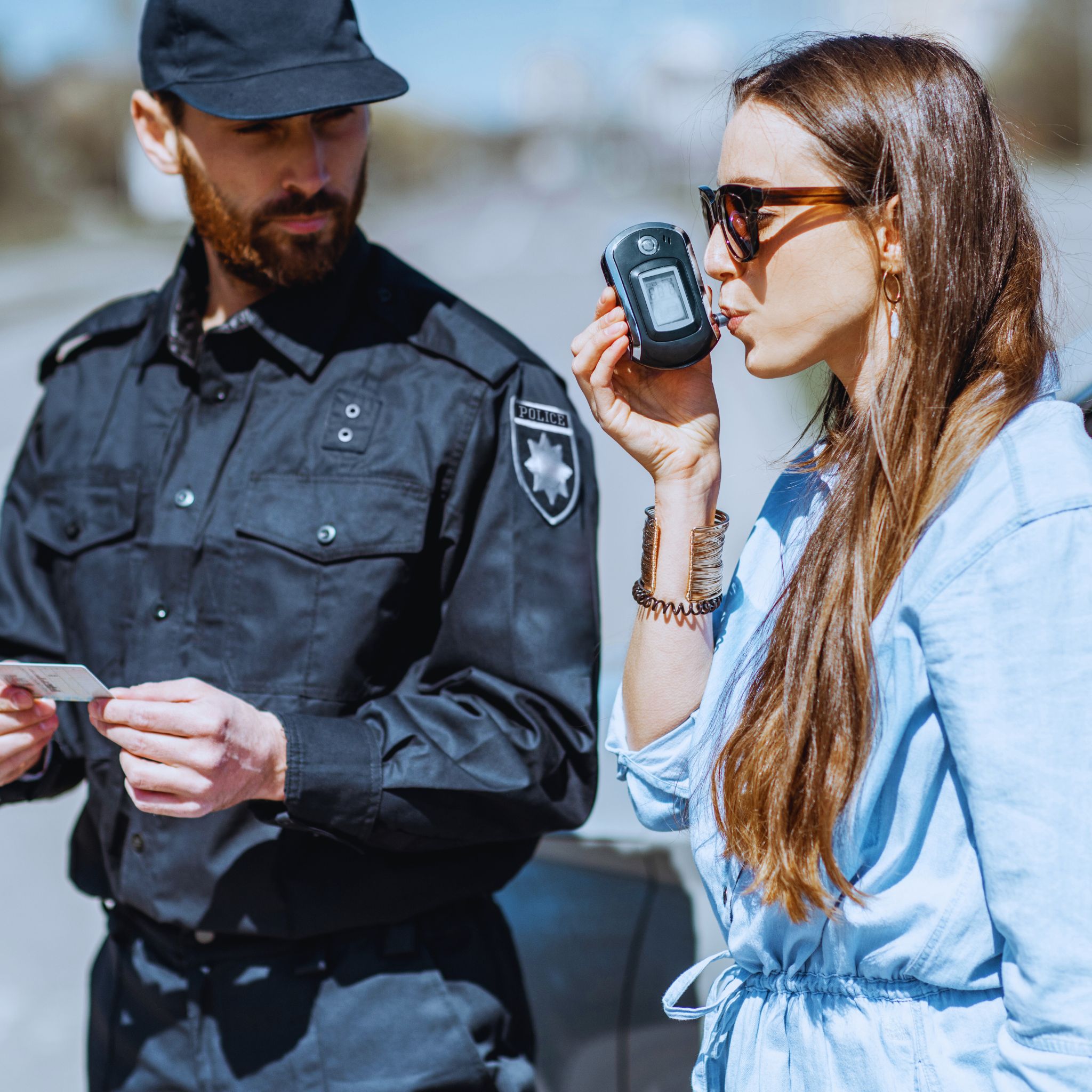 Driver pulled over by officer for breathalyzer test during a Misdemeanor DUI in California